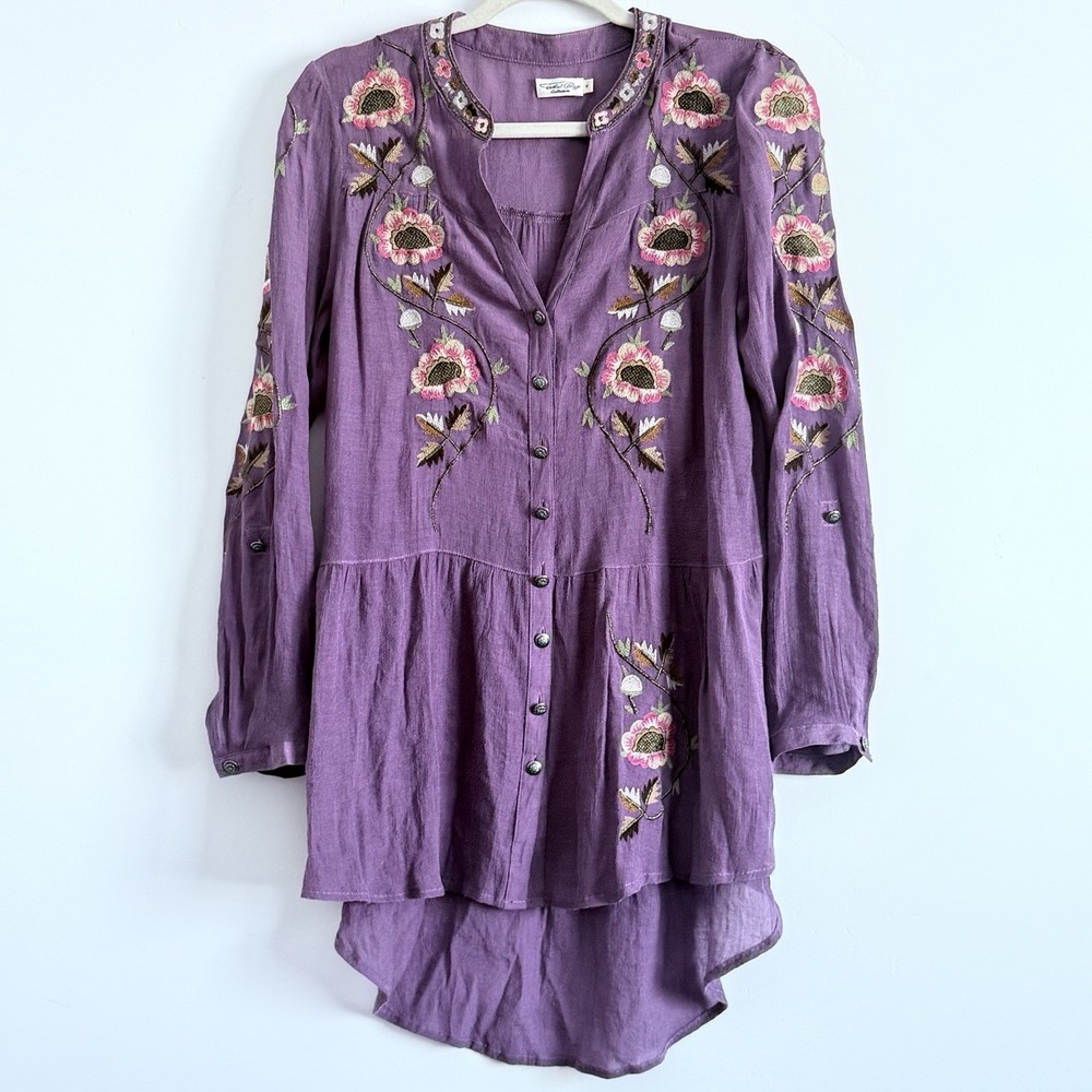 Tasha Polizzi Top M Purple Tunic Blouse Top Western Embroidered Floral Boho